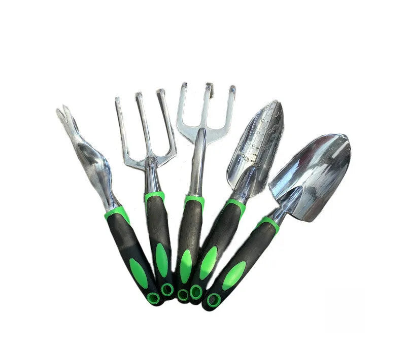 9-piece aluminium alloy garden tool set with silicone two-colour handles in green for horticulture and seedling cultivation