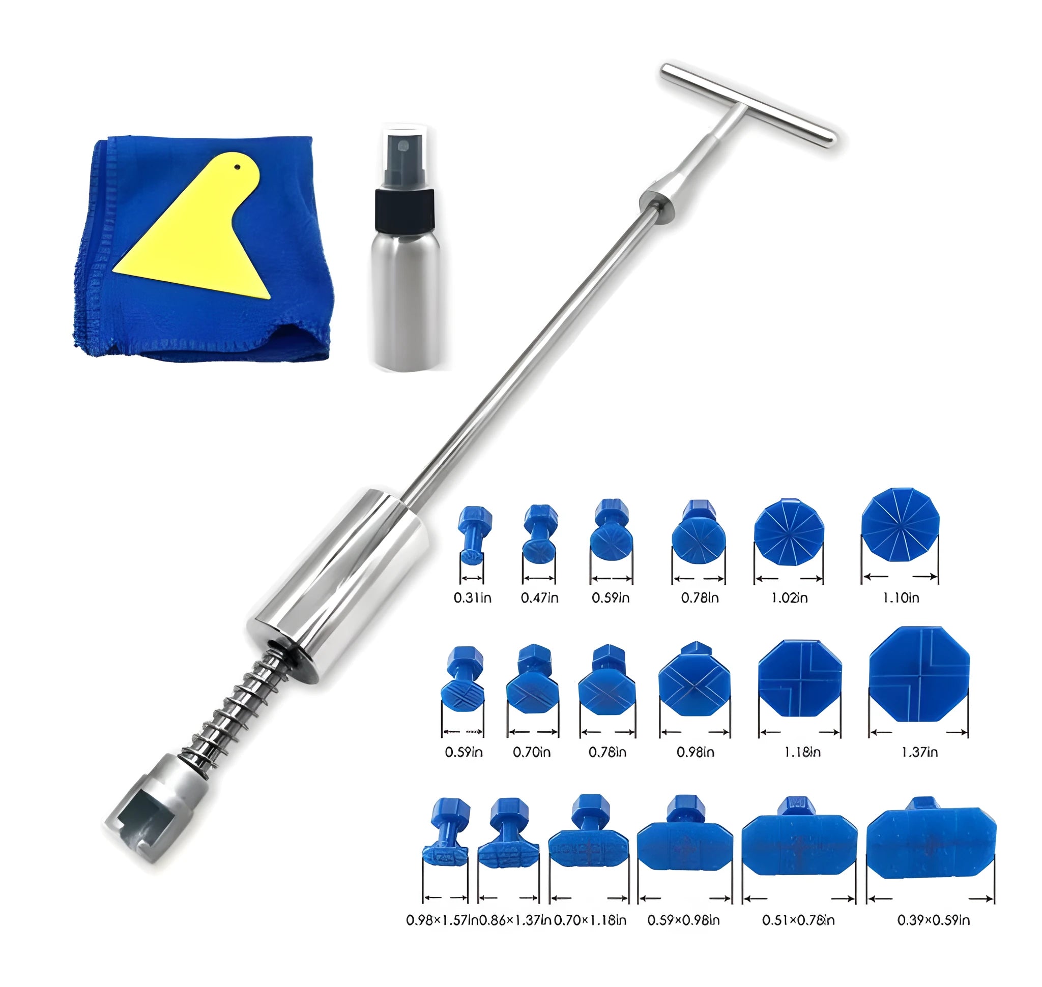 Automotive dent repair tool with T-shaped hammer and blue adhesive pads for car bodywork