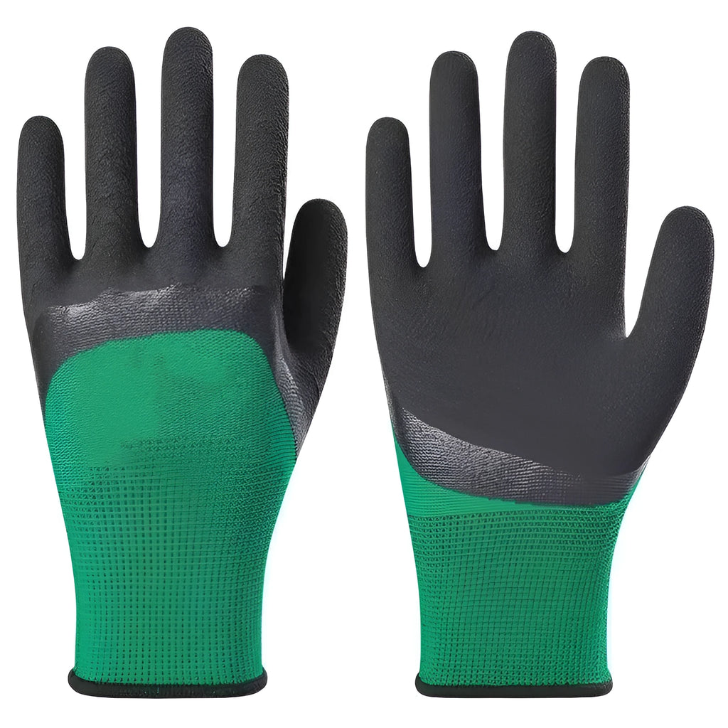 Pair of black and green rubber work gloves with a 13-stitch construction for wear-resistant, non-slip labour protection.