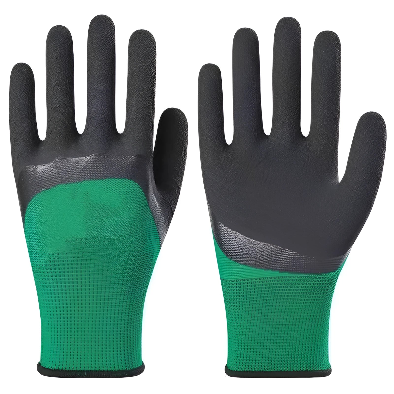 Pair of black and green rubber work gloves with a 13-stitch construction for wear-resistant, non-slip labour protection.
