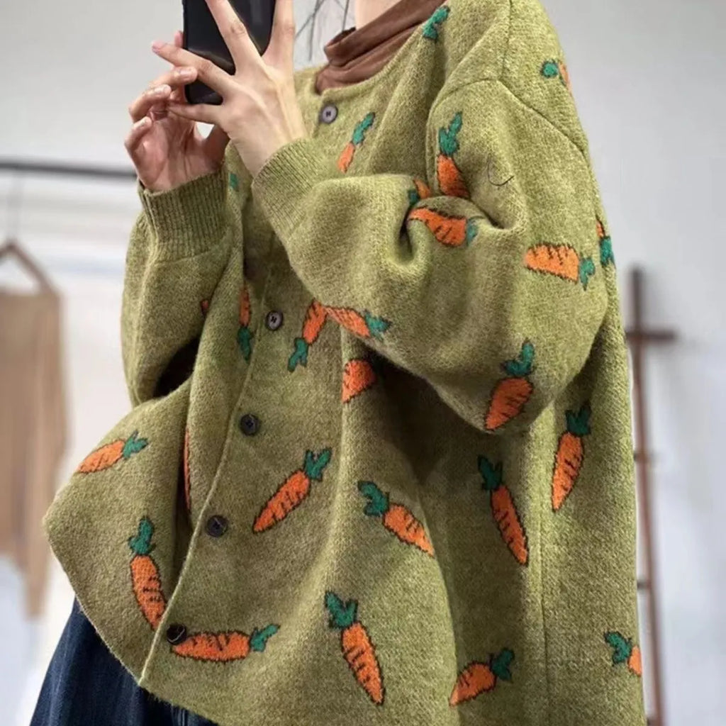 Loose fitting viscose cardigan with artistic colour contrast printing and round neck