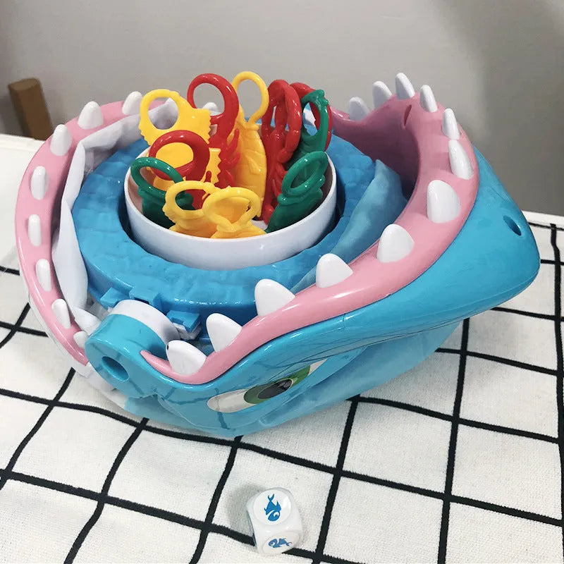 Great White Shark desktop interactive toy with fish pieces and dice, plastic, 26.5 x 26.5 x 9cm.