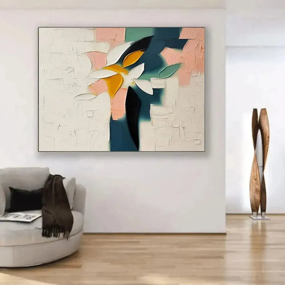 Handmade oil painting canvas wall art with thick palette knife floral texture in horizontal format