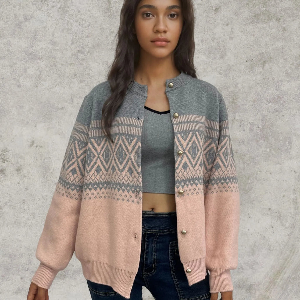 Women's red alpaca fleece cardigan with grey diamond pattern and long sleeves
