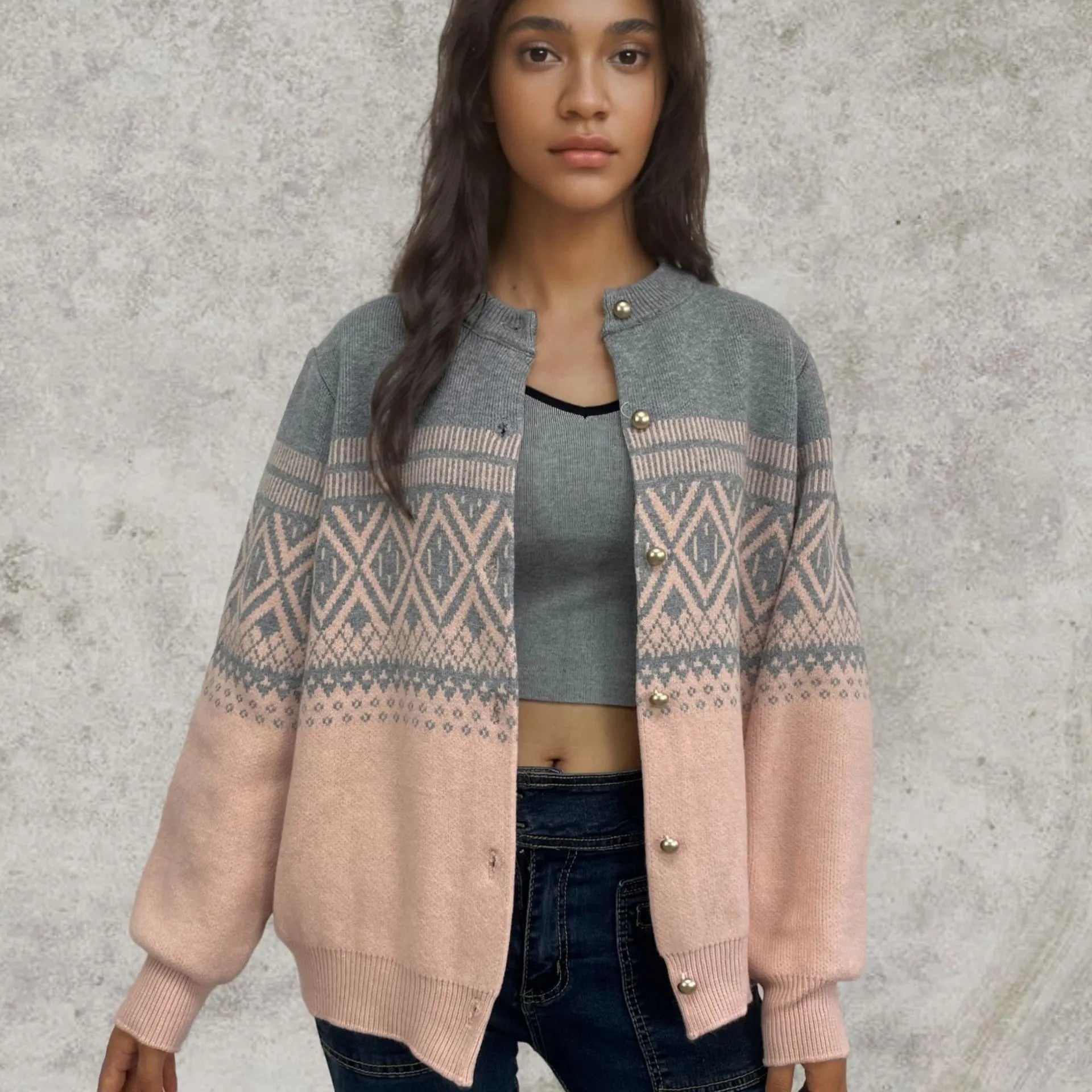 Women's red alpaca fleece cardigan with grey diamond pattern and long sleeves