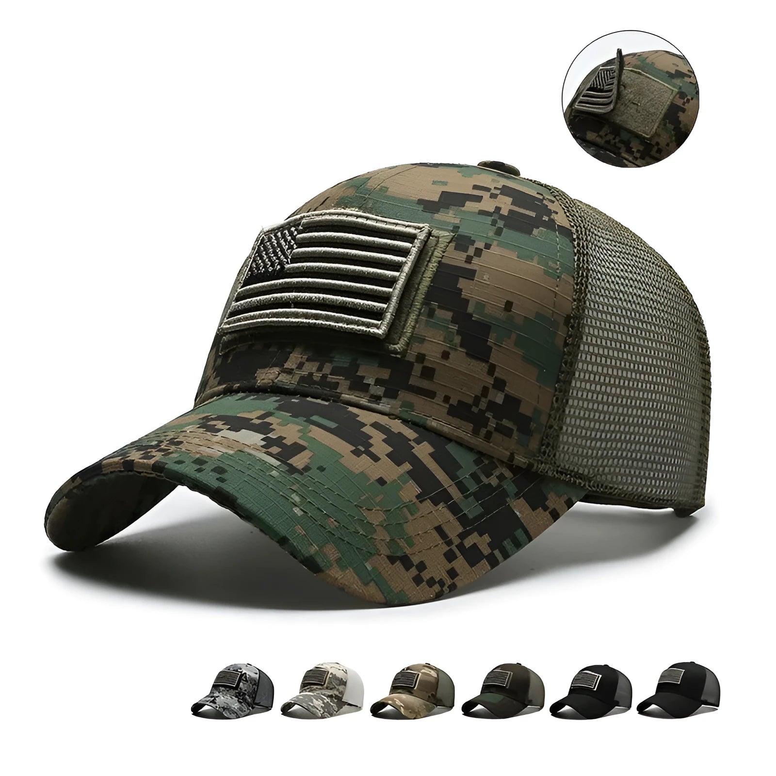 Tactical camouflage baseball cap with dome crown and adjustable Velcro closure