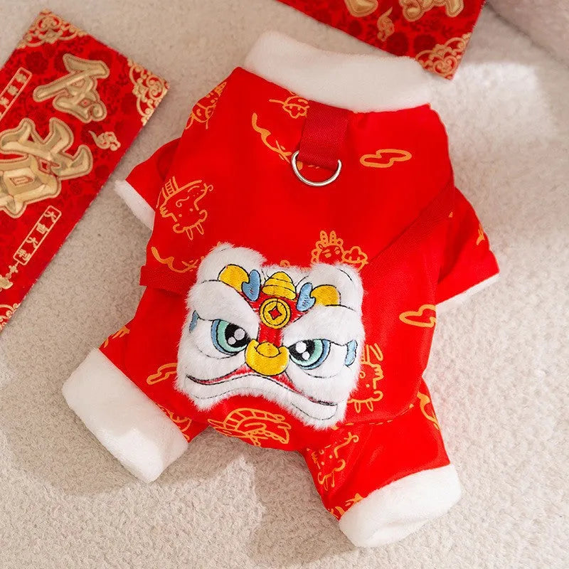 Lion dance pet jumpsuit in red with faux fur trim and leash ring, four-legged cotton jacket for dogs and cats.