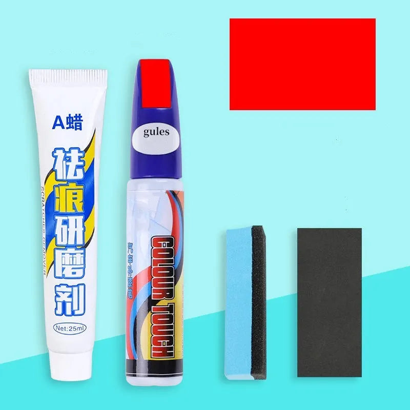 Automotive paint repair pen kit with scratch wax, paint pen, sponge, and sandpaper for car scratches