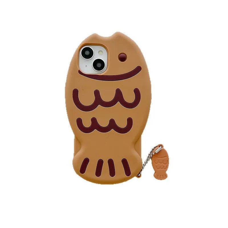 Brown silicone phone case with 3D taiyaki design and hanging ornament for iPhone.