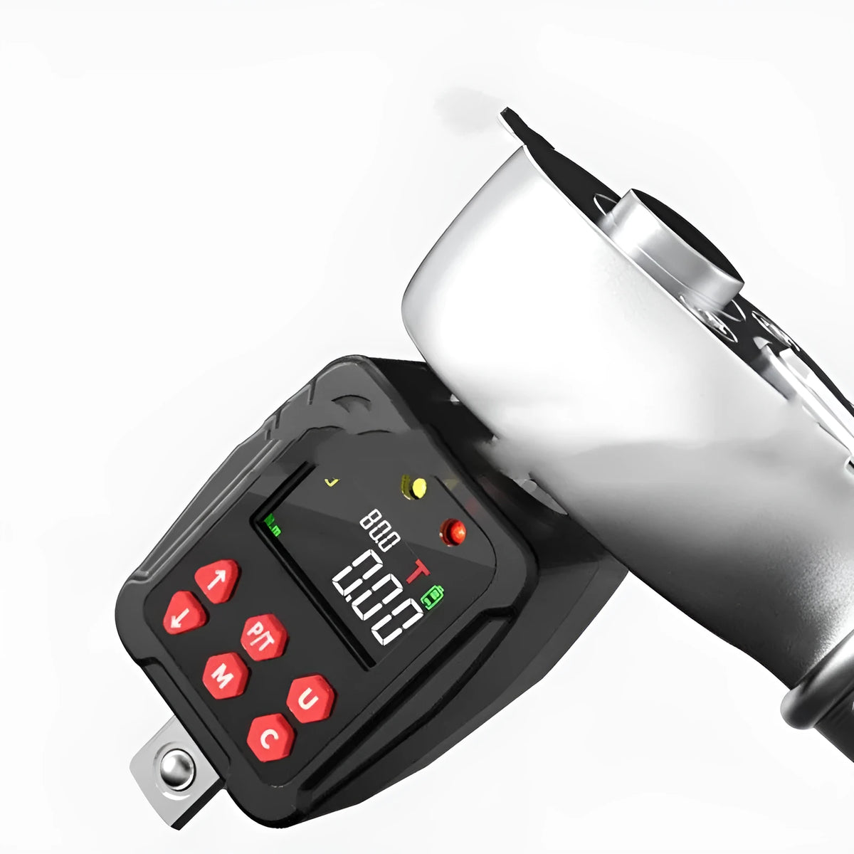 Digital torque meter with display screen on a 1/2-inch square drive, part of a three-piece set.
