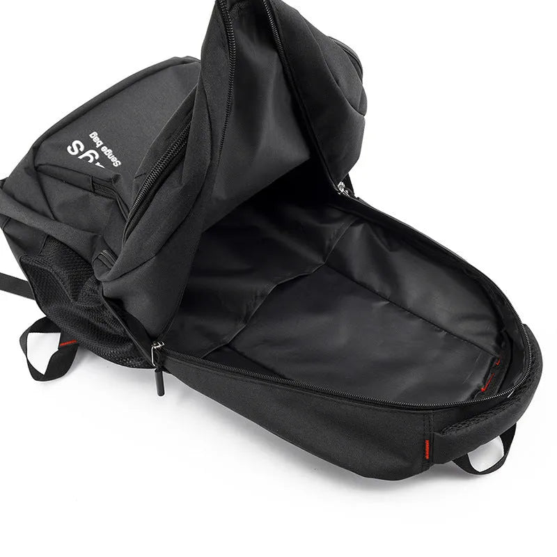 Nylon travel backpack in black showing multiple internal compartments including a laptop sleeve and front pockets.