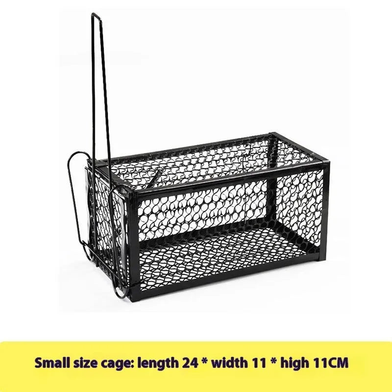 Automatic mouse trap cage in metal and plastic construction for indoor rodent control