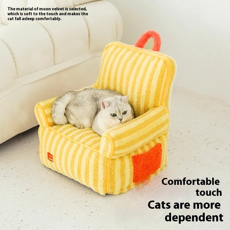 Striped soft velvet pet bed with removable cover in orange, purple or yellow for cats and dogs