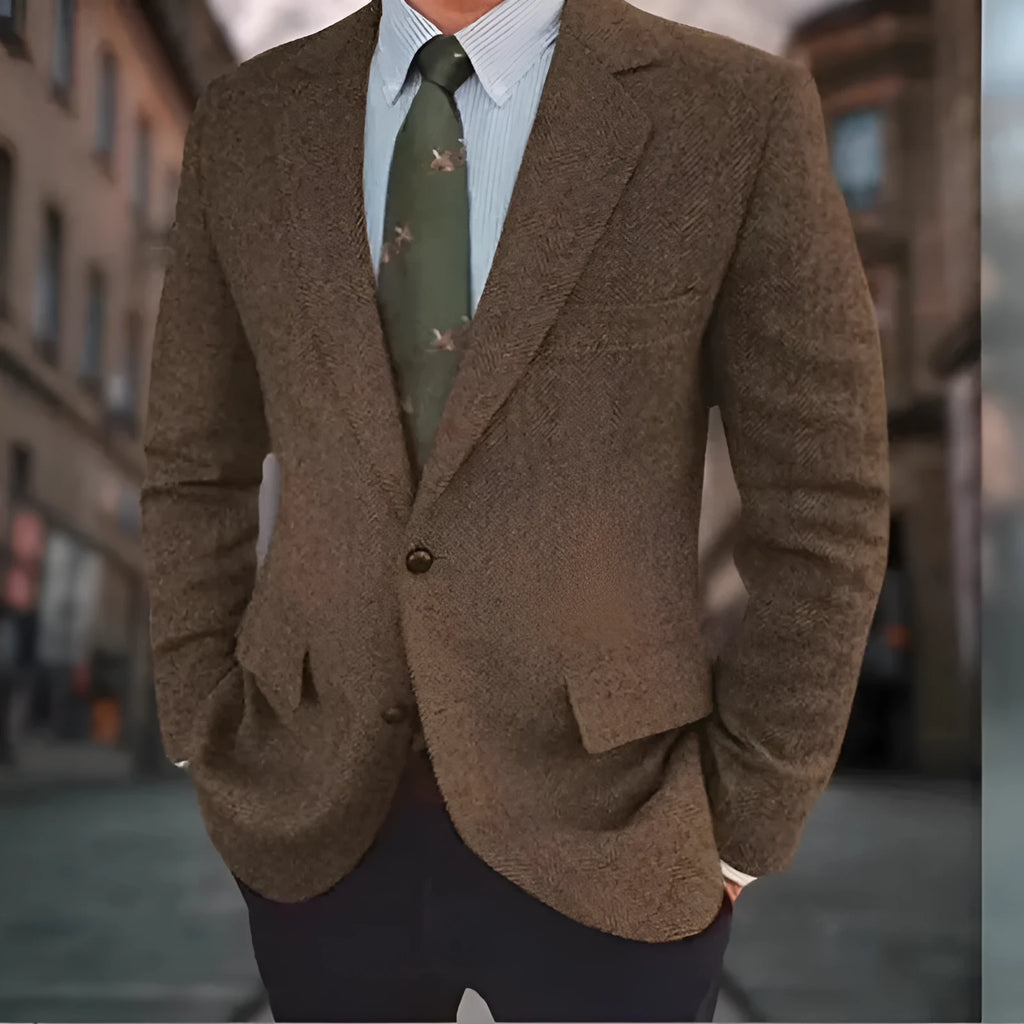 Man wearing a brown herringbone pattern retro-style suit jacket with long sleeves.