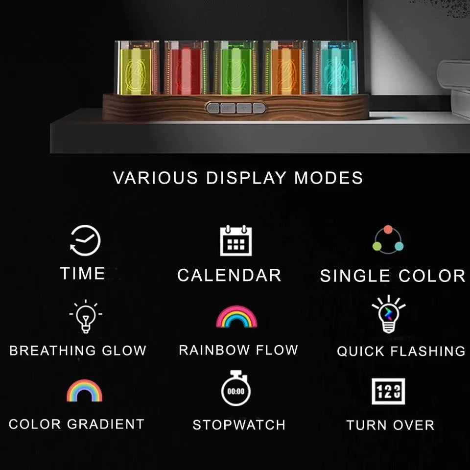 RGB LED digital tube clock showing time display with colourful lighting on a desk.
