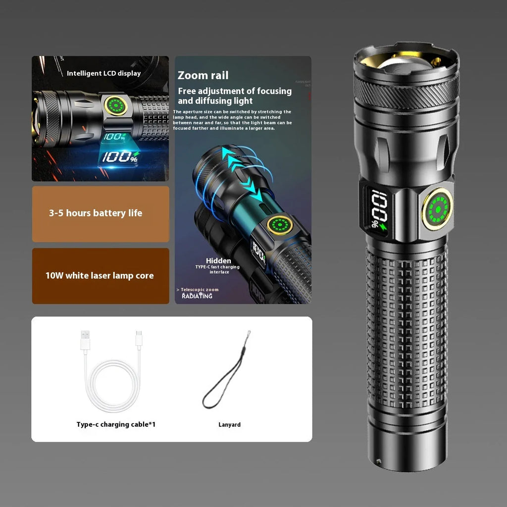 Portable 10W aluminium alloy flashlight, A36 LCD USB white laser, Type-C rechargeable, ultra-thin