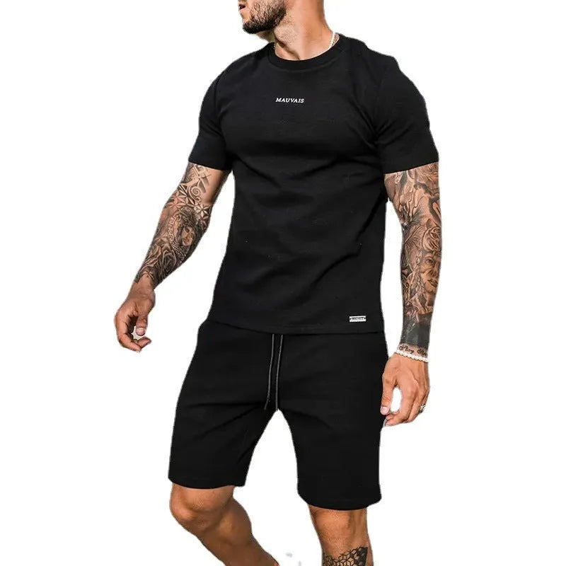 Men's cotton blend sports suit with T-shirt and shorts in gray, black, army green, camel