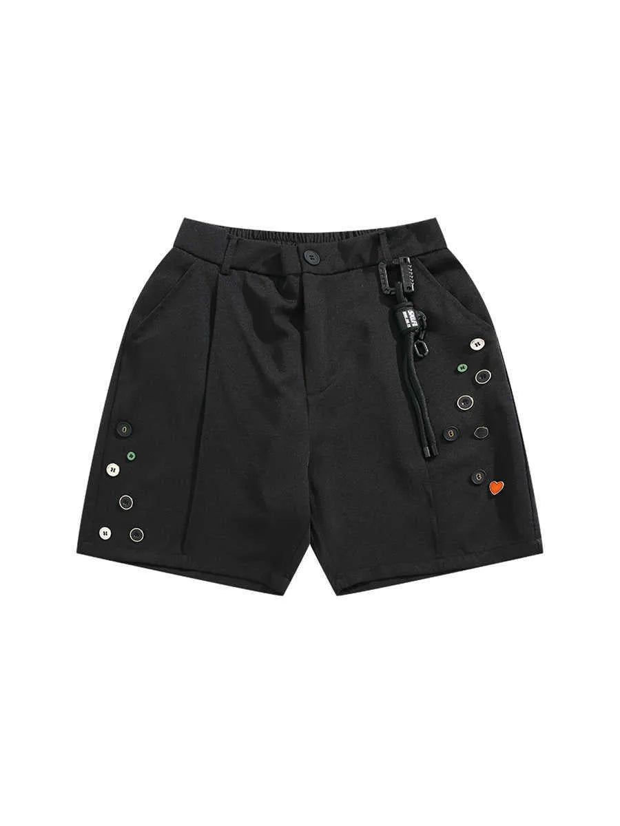 Black loose-fit men's shorts with a semi-elastic waist, zipper fly, and a colour button.