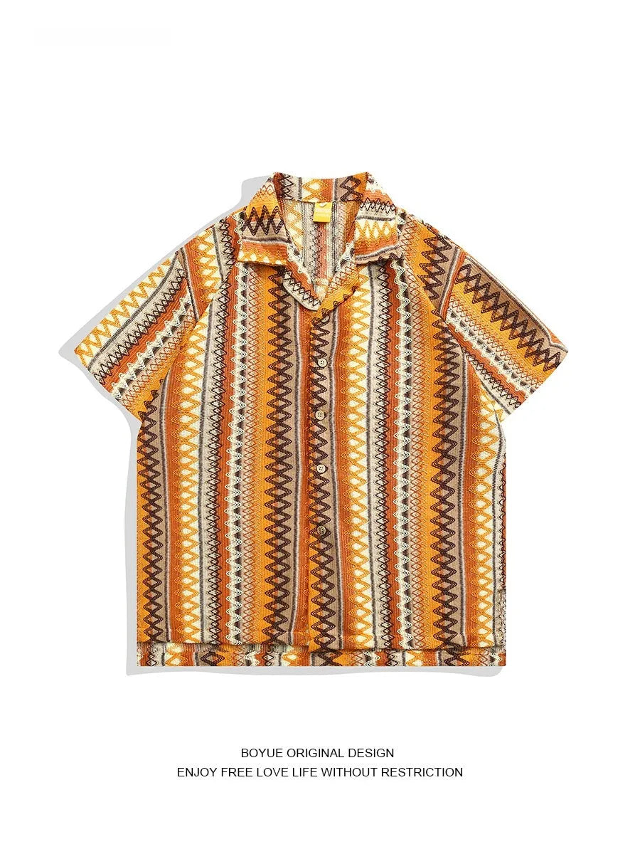 Men's ethnic pattern Cuban collar shirt with contrasting colours in loose fit summer design