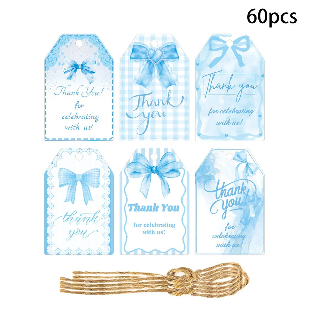 Set of 60 paper birthday gift tags with bowknot designs and natural hemp rope in three decorative styles