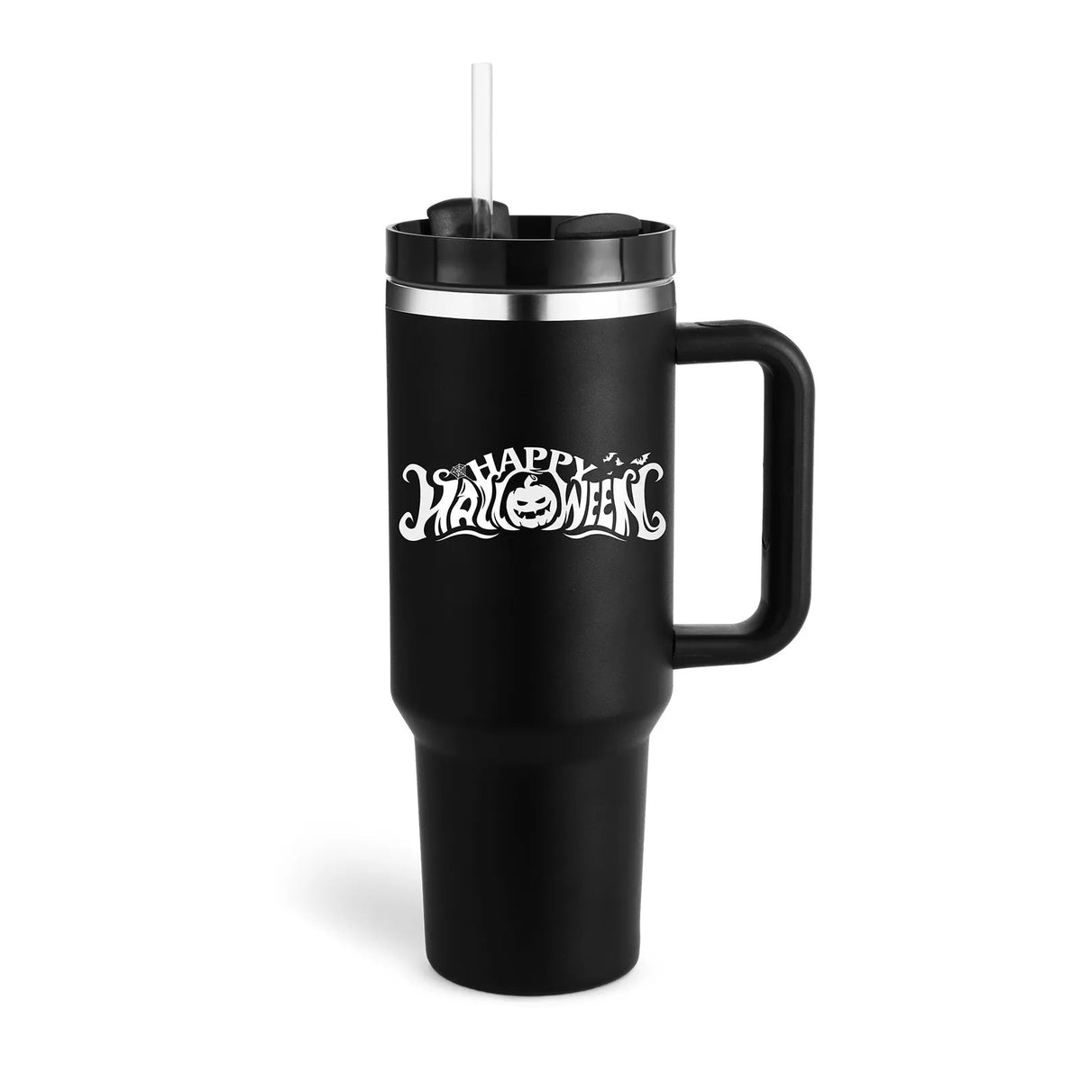 40 oz insulated stainless steel tumbler with handle straw and spill proof lid in a tapered design for car or gym use