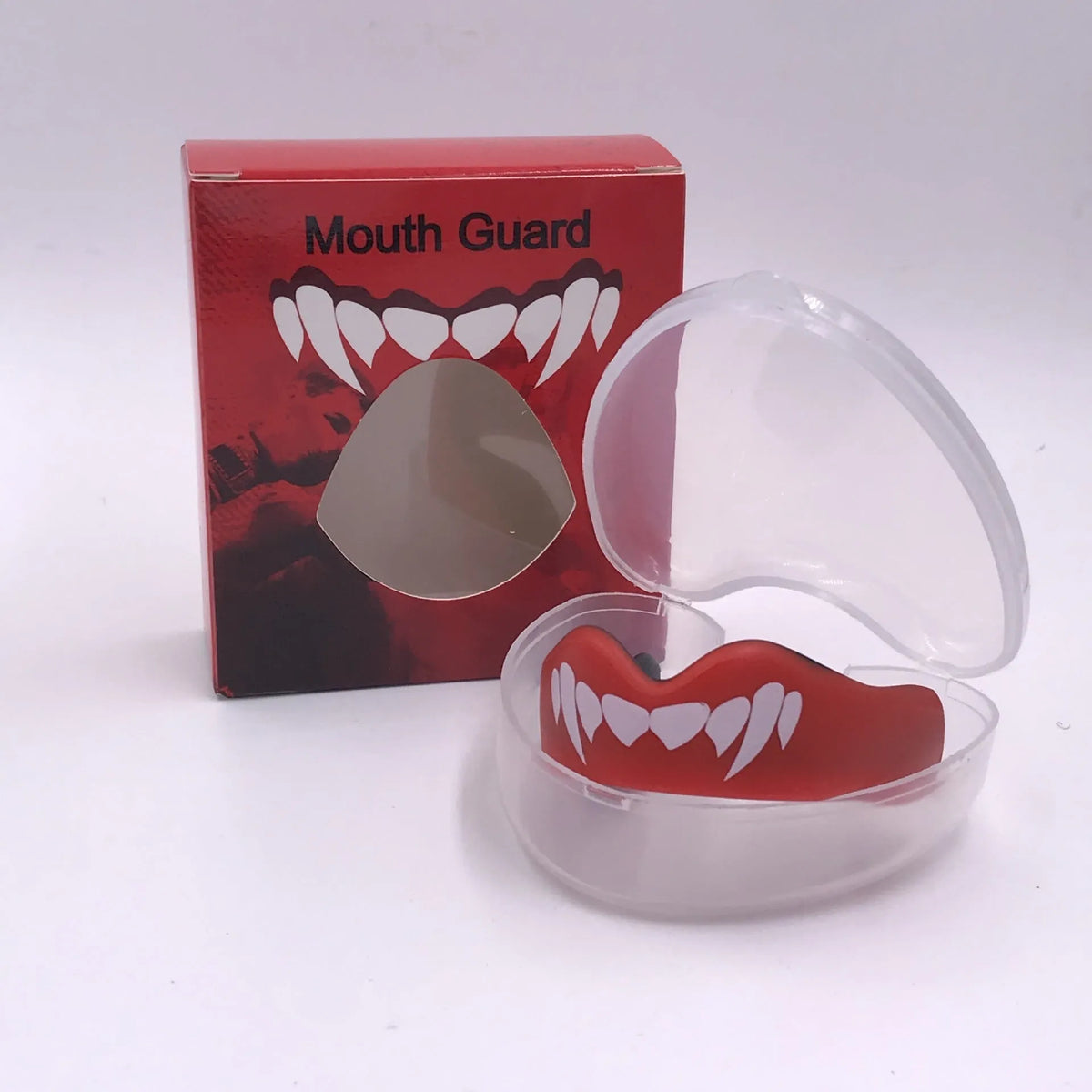 Adult boxing sports mouthguard with tooth socket free design in black and white printed teeth pattern.