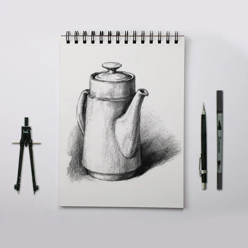 A4 size coil bound sketchbook open flat on a table, showing blank 160g paper.