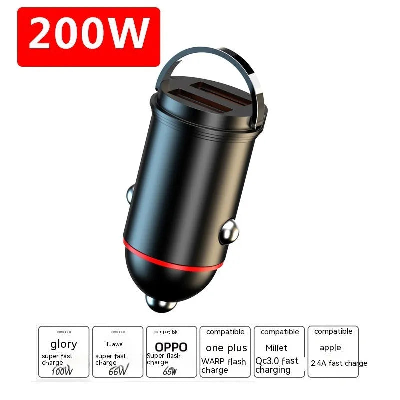 Black zinc alloy car charger with 200W super fast charging capability and compact 38mm design