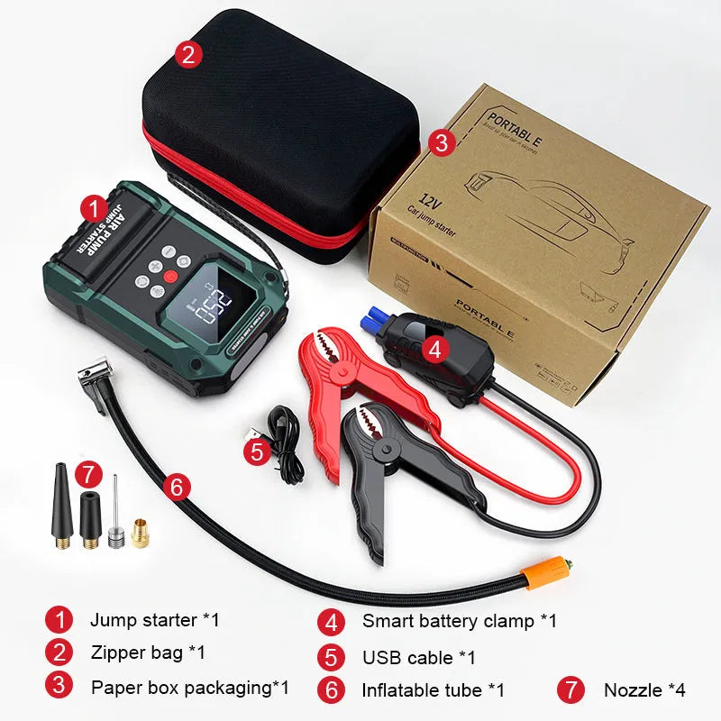 Emergency starting power supply S400 8000mAh with smart clip jumper, air pump hose, and four valve pieces