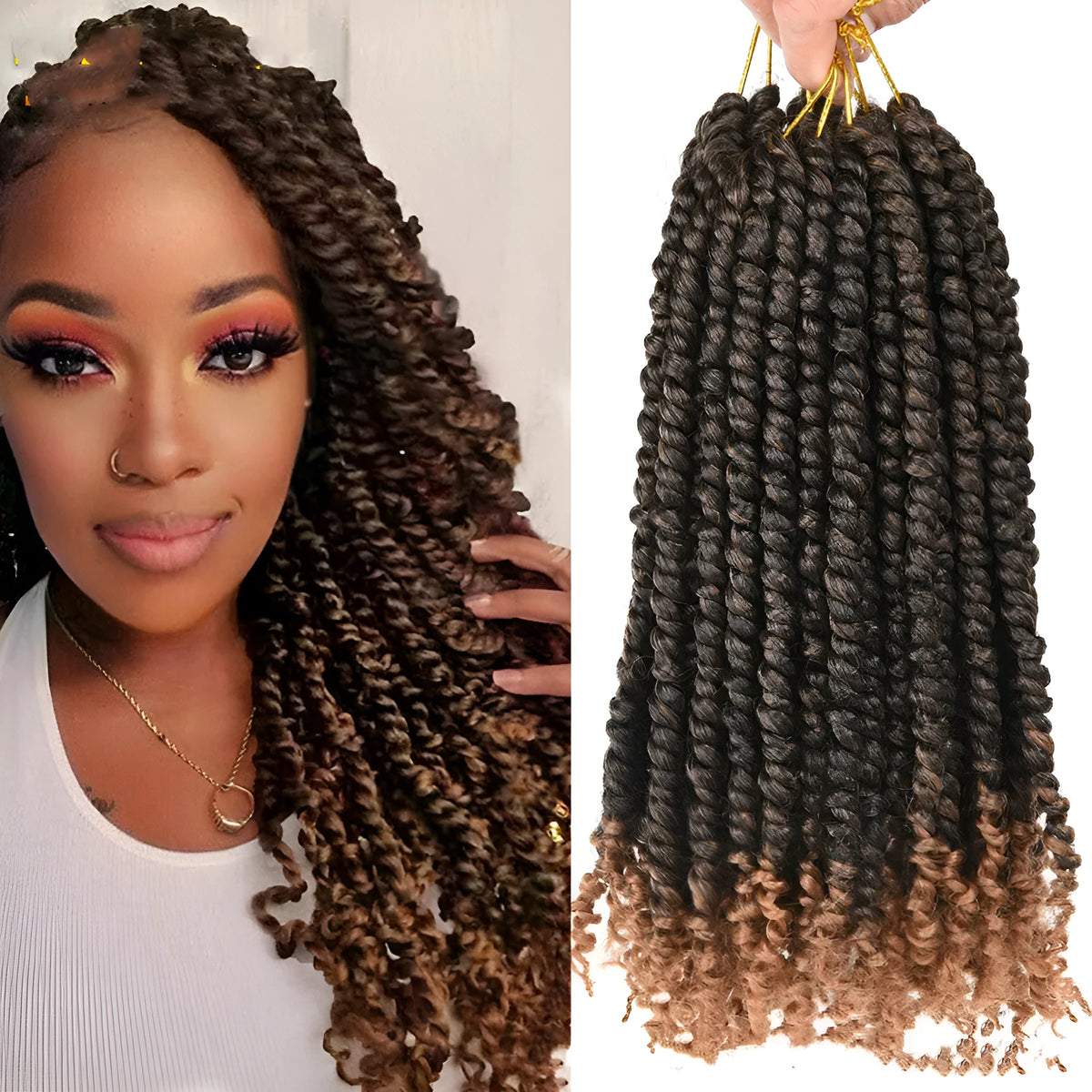 TOMO pre-twisted passion twist crochet hair in 12inch and 18inch lengths, colours 1B, T27, T30, TBUG