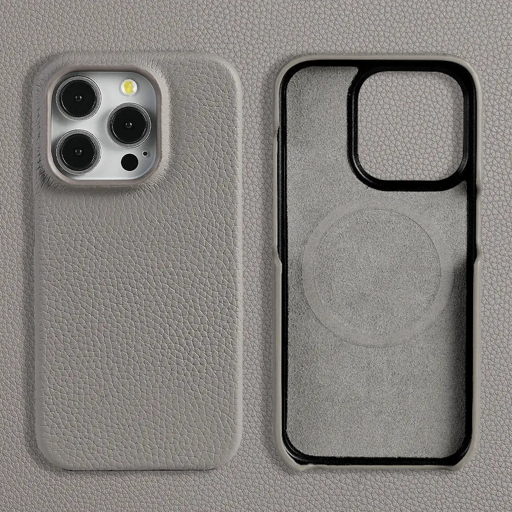 First layer cowhide magnetic phone case in black on iPhone 16 showing half-pack rear coverage