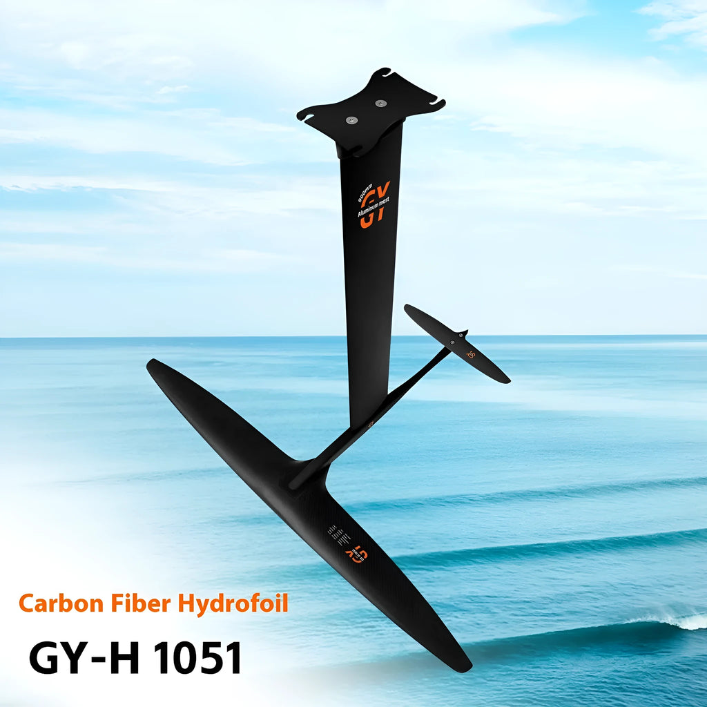 Black carbon fibre hydrofoil for racing surfing with aluminium mast and 1051mm front wing