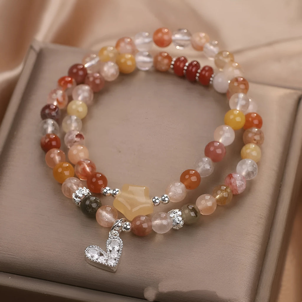 Natural stone women's bracelet with red crystal and double ring design