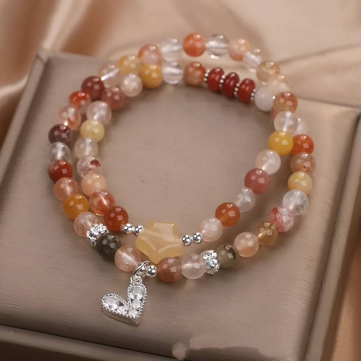 Natural stone women's bracelet with red crystal and double ring design
