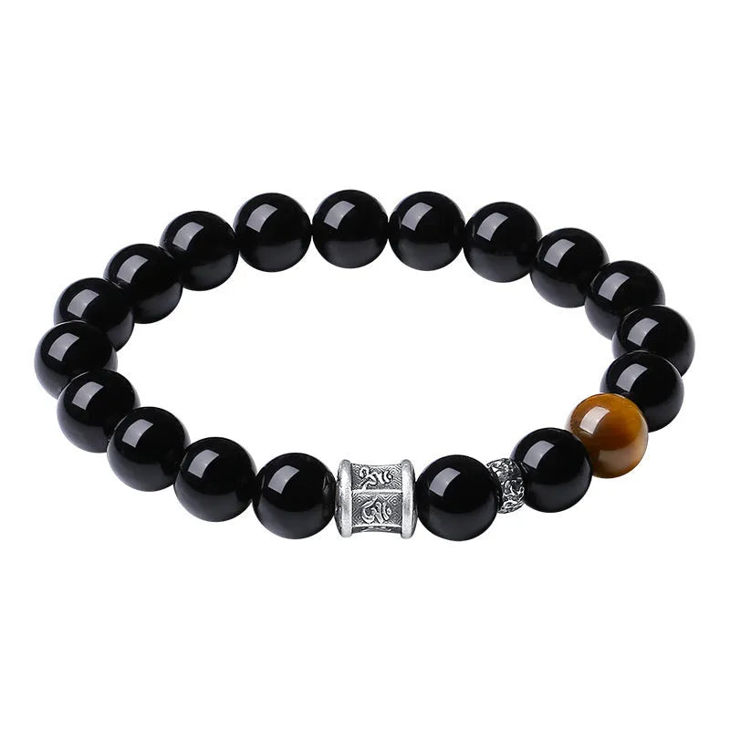 Men's obsidian prayer wheel bracelet with 10mm beads and hand-woven silver elements