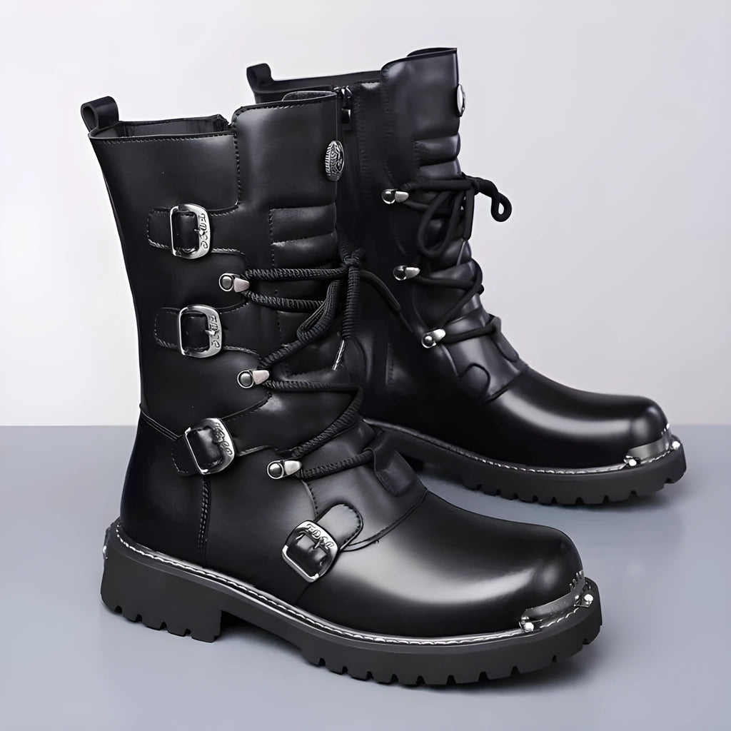 Men's black high-top riding boots with side zipper, round toe, and flat heel in vintage British style