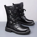 Men's black high-top riding boots with side zipper, round toe, and flat heel in vintage British style