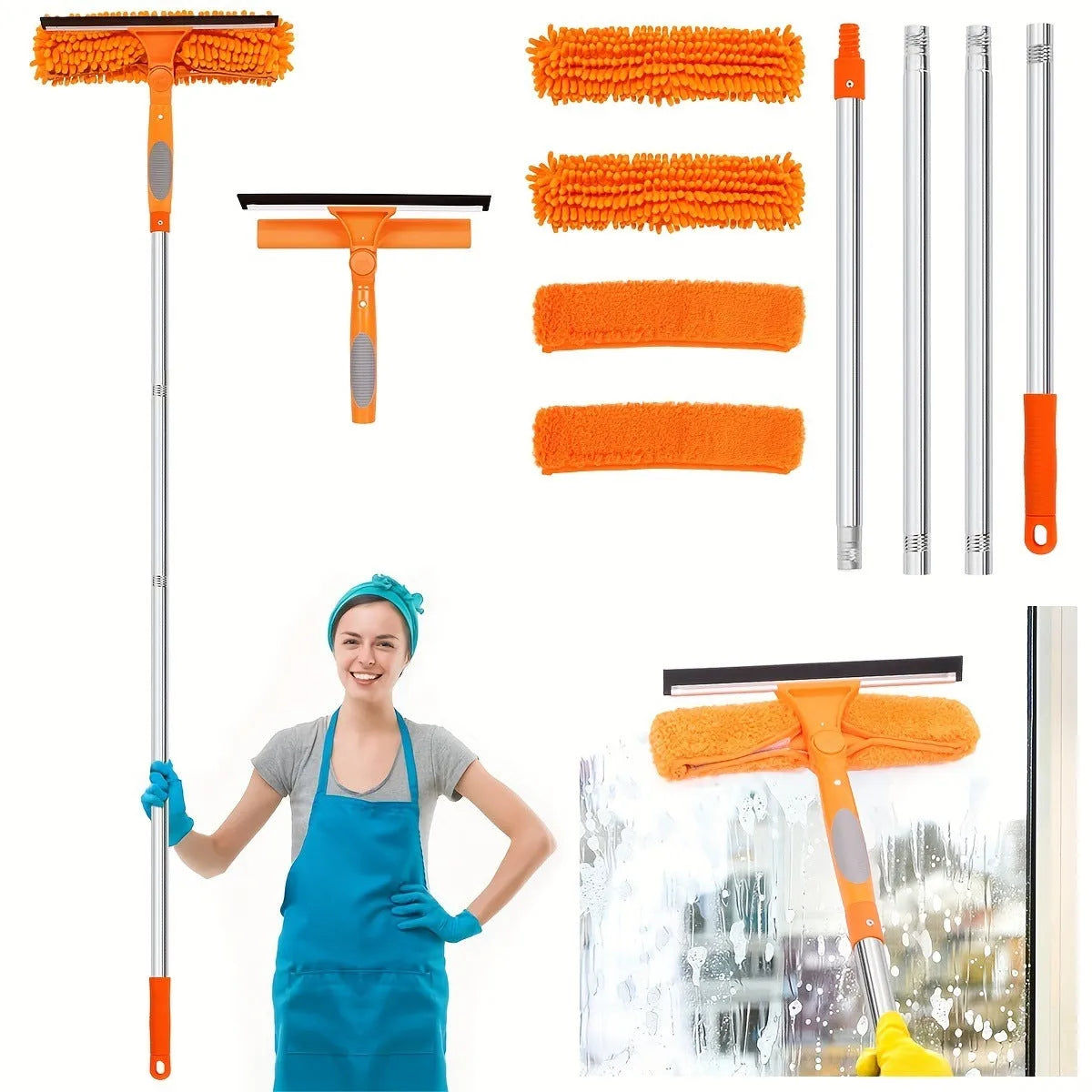 Two-in-one glass squeegee with stainless steel handle, rotating head, four poles and four cloth covers in blue, orange or grey