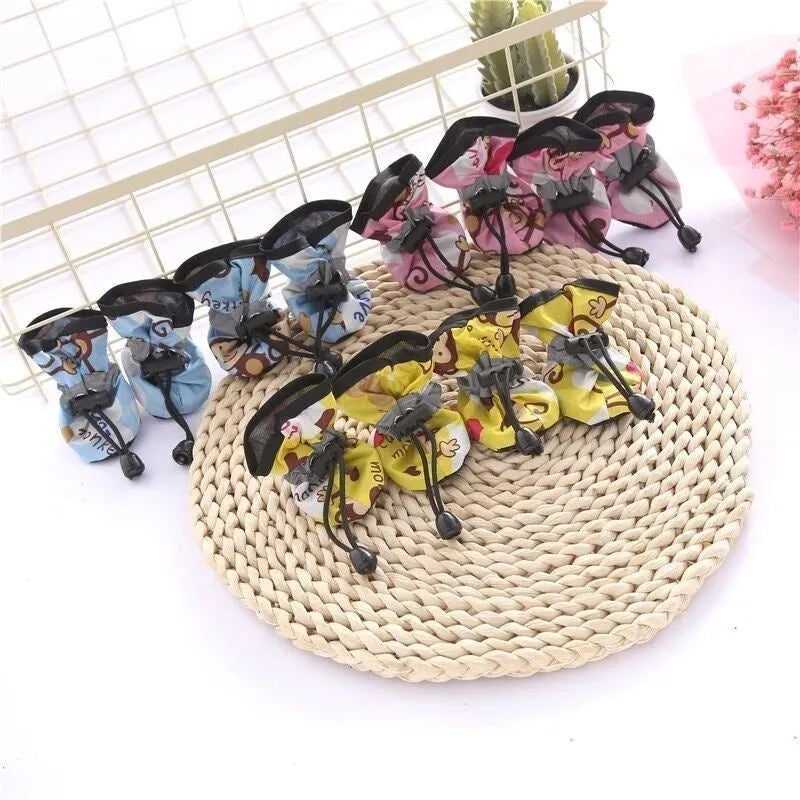 Pet dog shoes in multiple colours including rose red, black, blue monkey print, and fleece-lined options