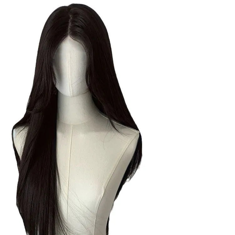 Black long straight synthetic wig with forehead lace and side bangs on a model.