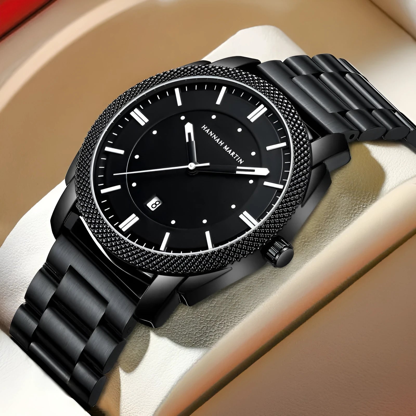 Men's stainless steel waterproof quartz watch with 40mm circular dial and mineral glass on white background