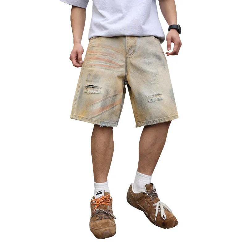 Men's light blue washed ripped denim shorts straight leg mid-length casual style