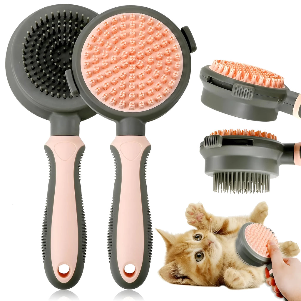 Pink and green double-sided cat brush with flea comb and release button for pet grooming.
