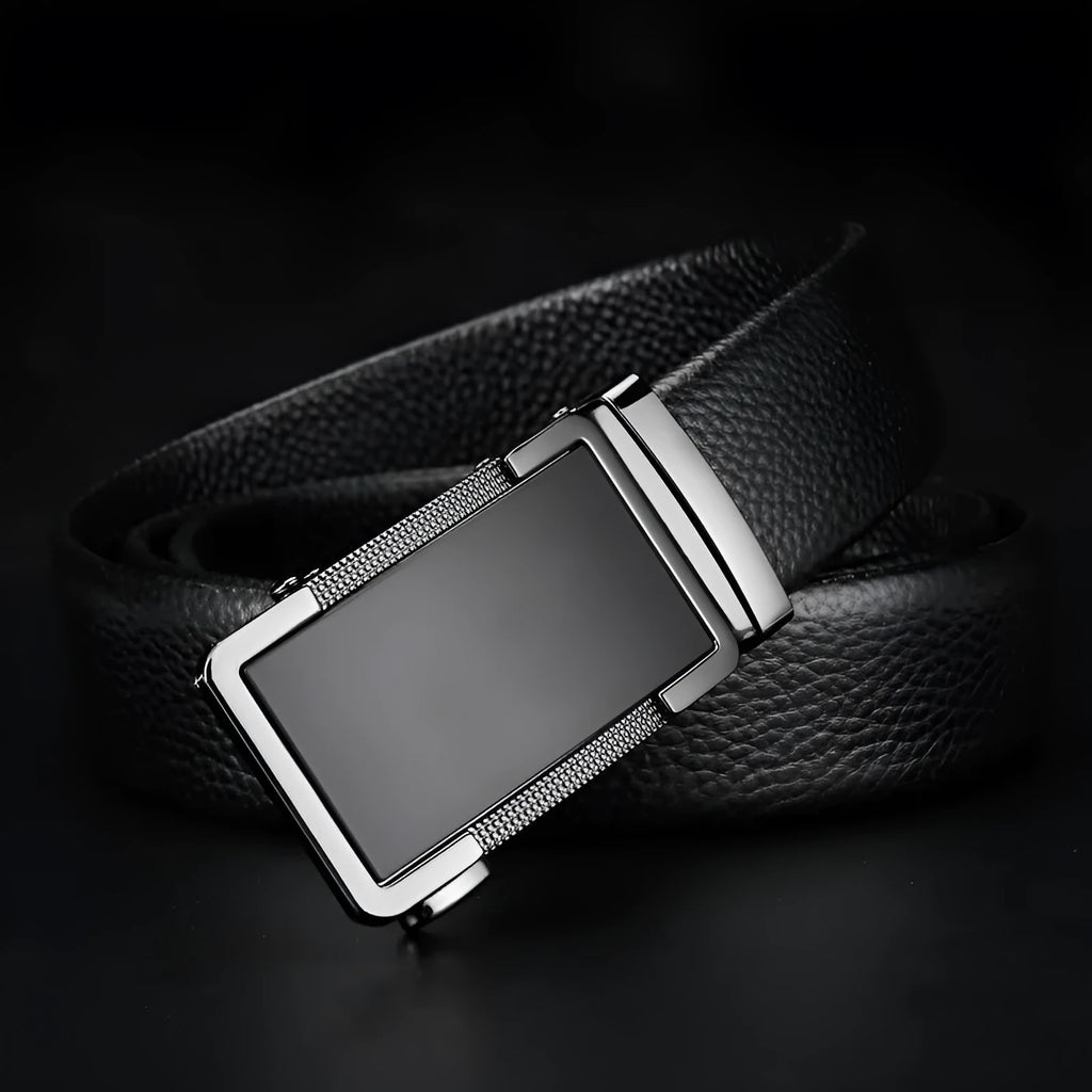 Men's automatic buckle leather belt in gun black, silver, or gold, showing the comfort click fastener and alloy buckle.