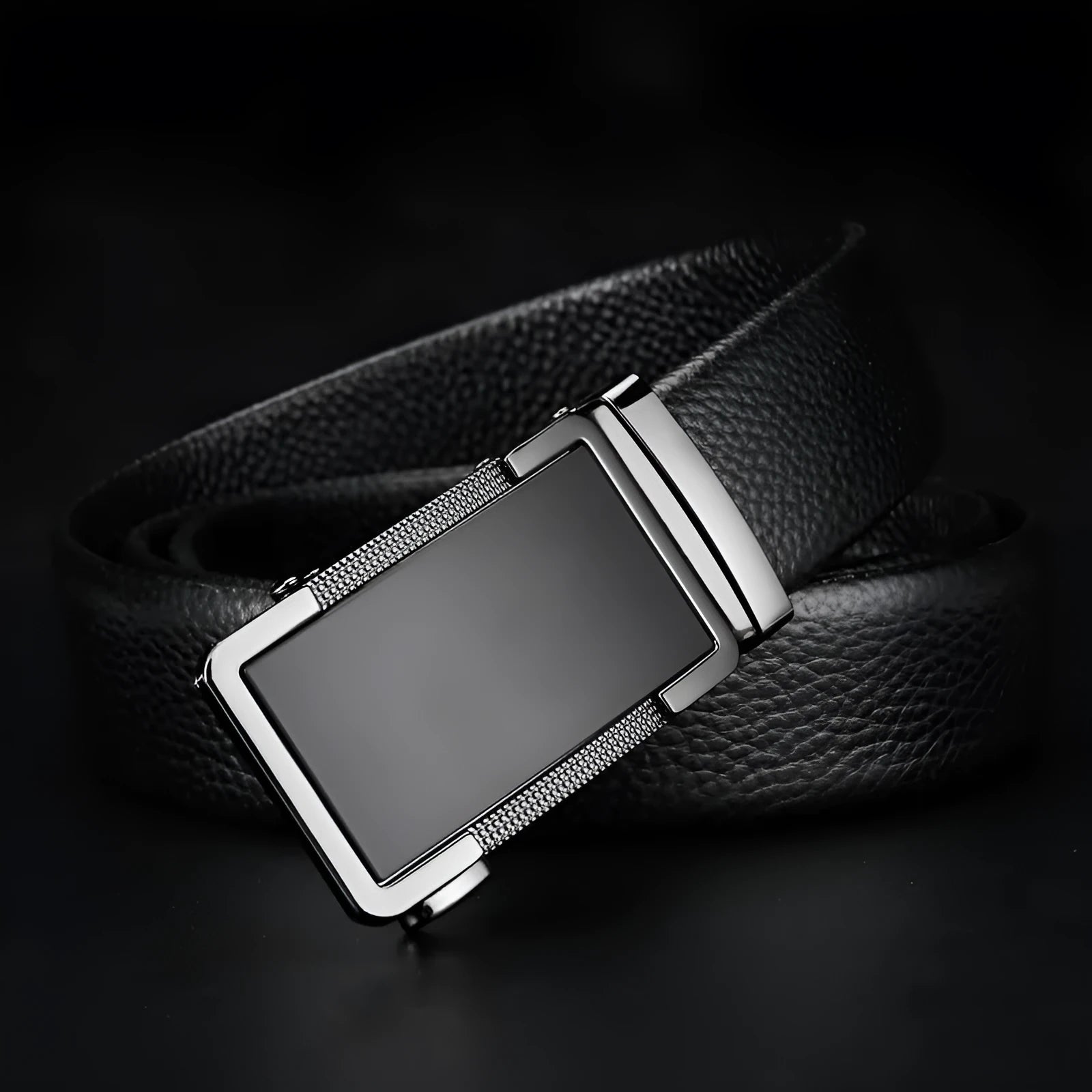 Men's automatic buckle leather belt in gun black, silver, or gold, showing the comfort click fastener and alloy buckle.