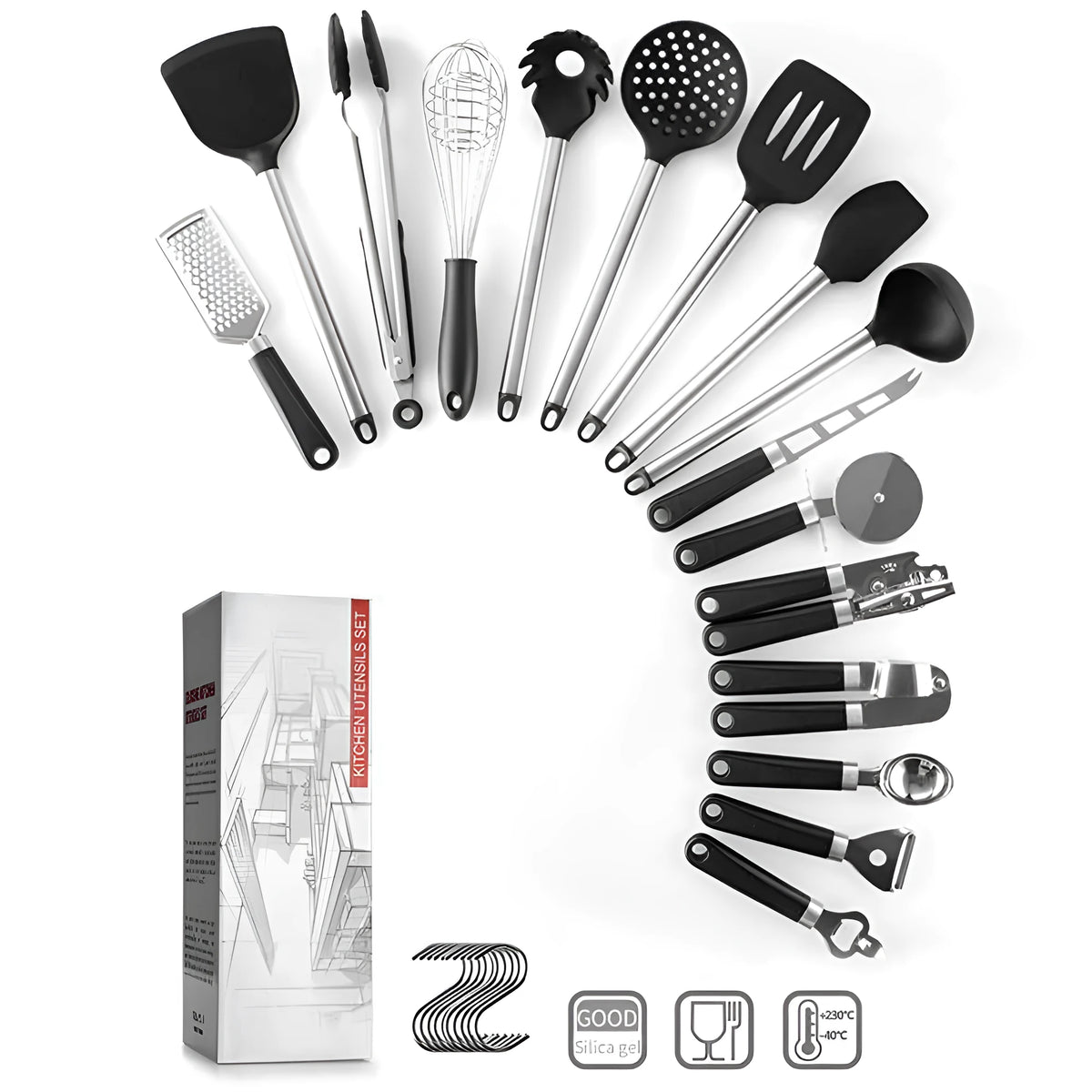 Black silicone spatula spoon set with stainless steel handles - 16 piece kitchen utensils