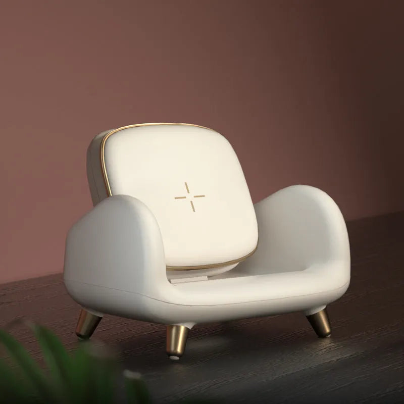 White USB wireless charger, solid colour pattern, 98mm x 95mm x 115mm, for sofa chair or desk.