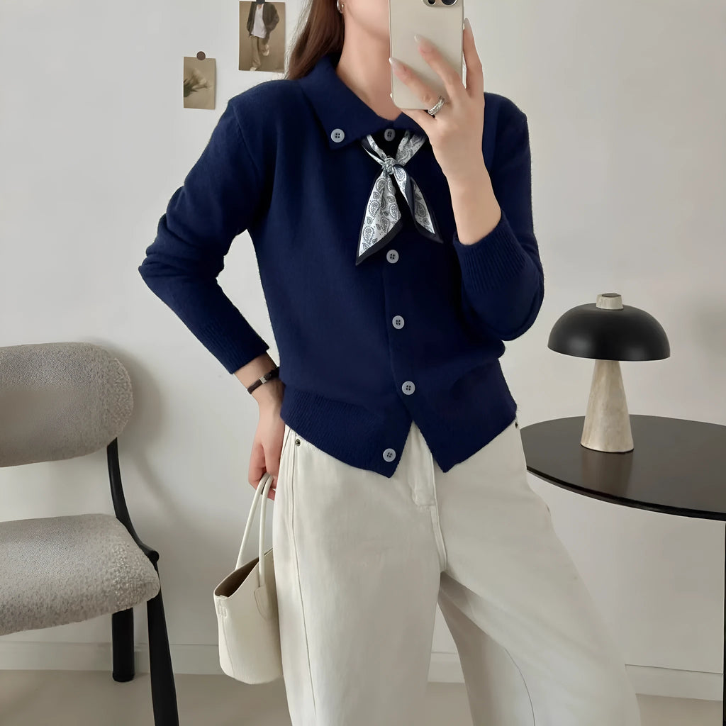 Lapel collar open front cardigan sweater in milky white acrylic knit