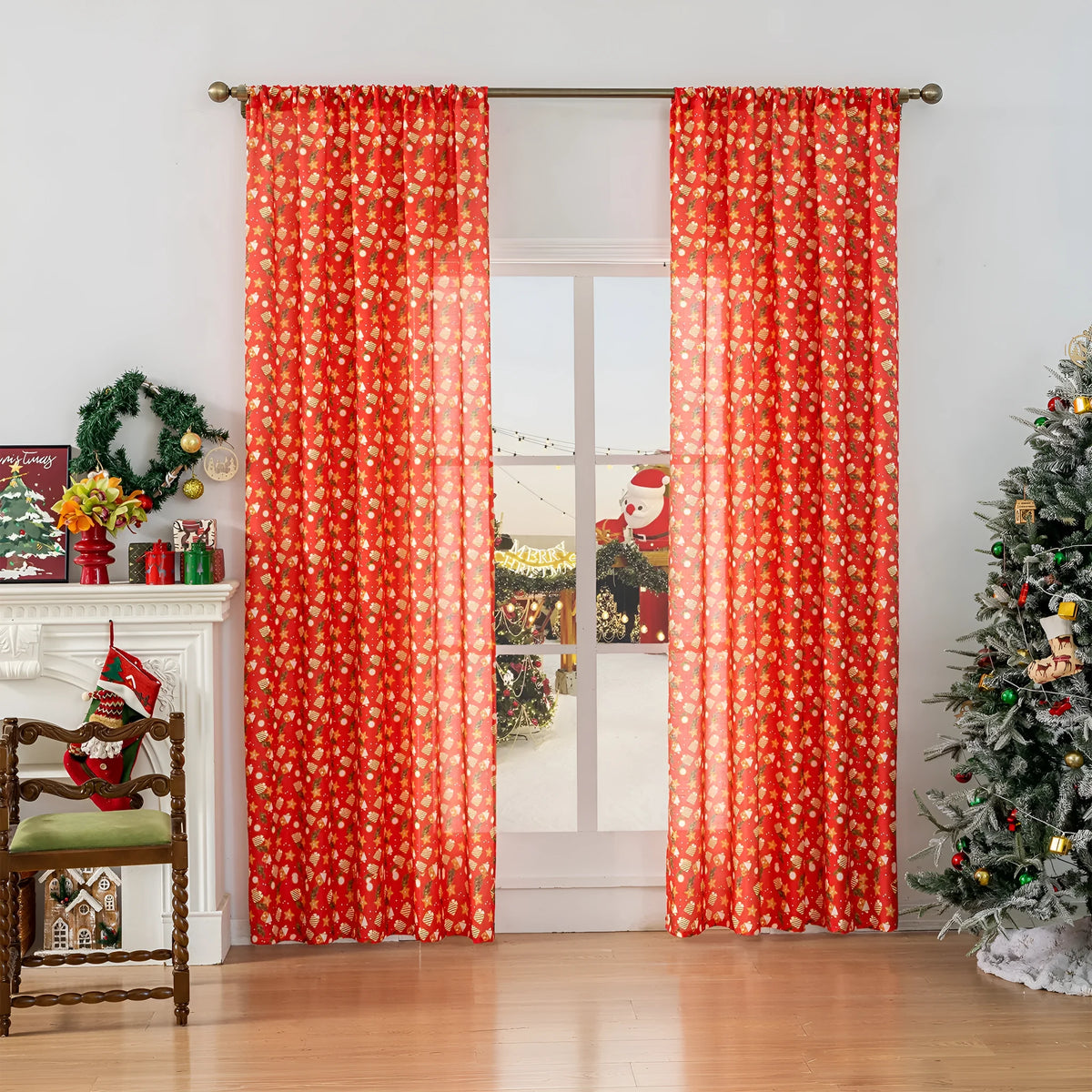 Green Christmas curtain with printed snowman and angel cartoon pattern