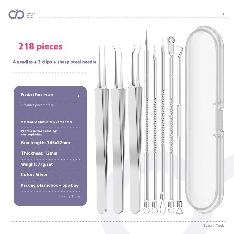 Four metal acne needle tools with pointed tips on a white background.